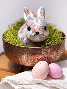 Vintage 1990s Floral Decoupage Bunny Figurine.